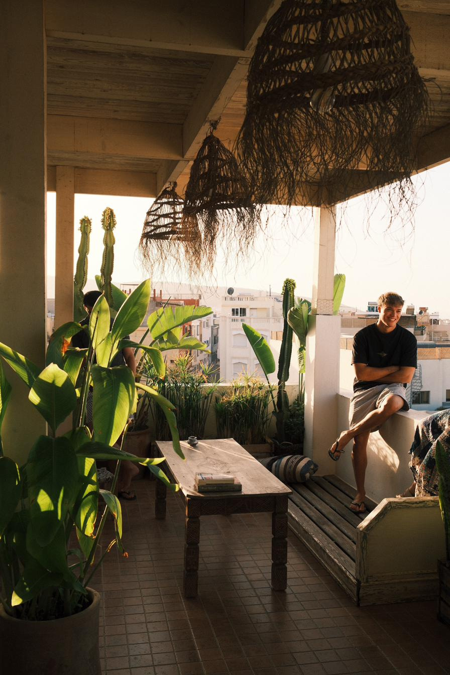A young man sitting on a rooftop parapet at sunset, cacti and banana plants around him.