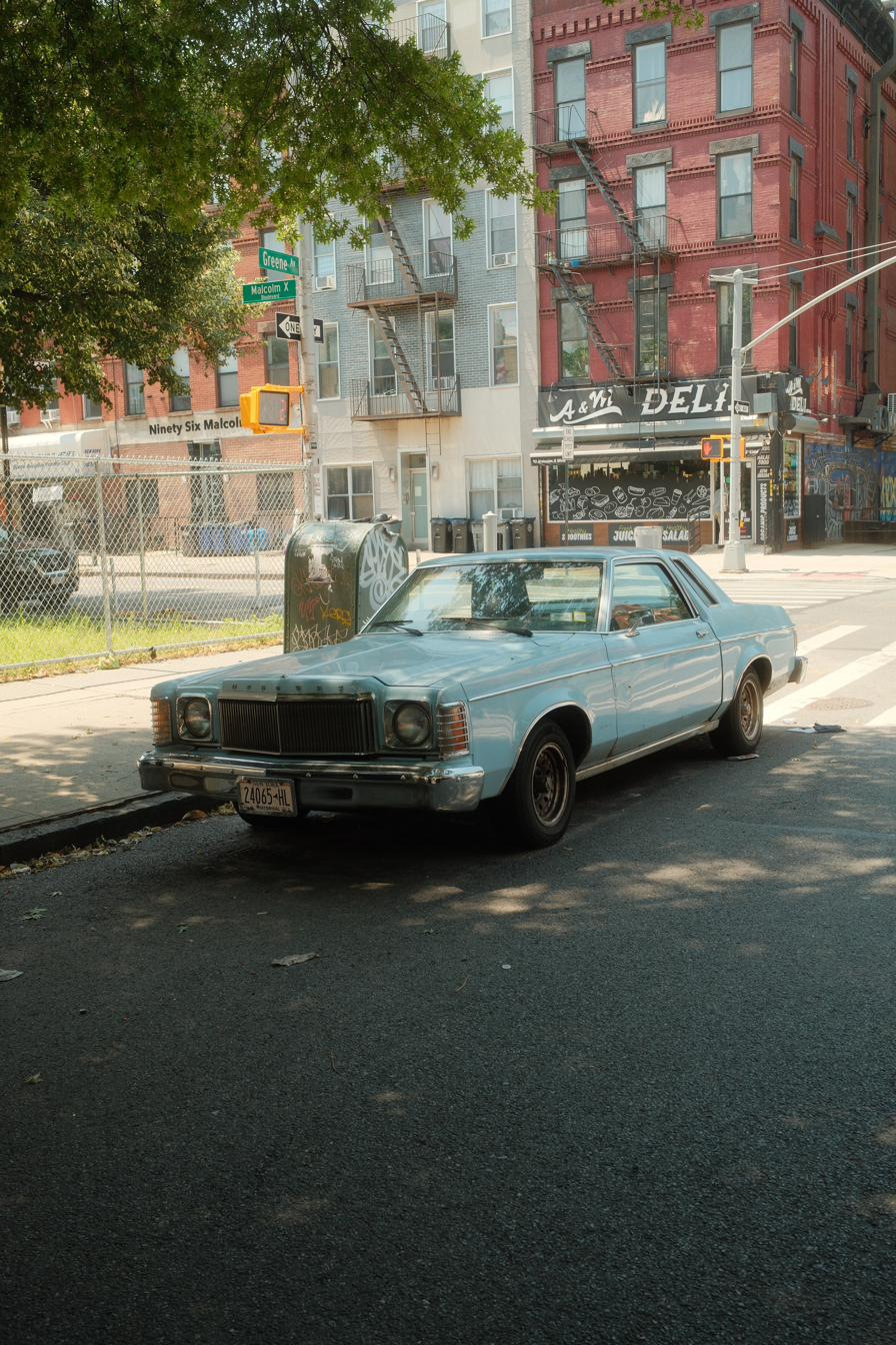 A pale blue seventies sedan parked on a Brooklyn corner under summer trees.